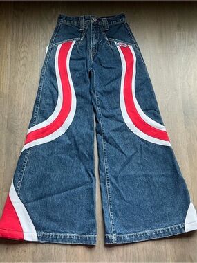 JNCO Dark Blue Wide-Leg Jeans with Red & White Curved Stripes